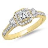 0.75 Carat (ctw) 18K Yellow Gold Princess & Round Cut Diamond Ladies Bridal 3 Stone Halo Engagement Ring 3/4 CT