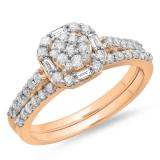 0.80 Carat (ctw) 10K Rose Gold Round & Baguette Cut Diamond Ladies Cluster Bridal Engagement Ring With Matching Band Set 3/4 CT