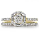 0.80 Carat (ctw) 10K Yellow Gold Round & Baguette Cut Diamond Ladies Cluster Bridal Engagement Ring With Matching Band Set 3/4 CT