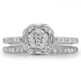 0.80 Carat (ctw) 14K White Gold Round & Baguette Cut Diamond Ladies Cluster Bridal Engagement Ring With Matching Band Set 3/4 CT