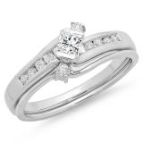 0.60 Carat (ctw) 10K White Gold Princess & Round Cut Diamond Ladies Bridal Swirl Engagement Ring With Matching Band Set