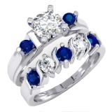 1.85 Carat (ctw) 10K White Gold Round Blue & White Sapphire Ladies 3 Stone Bridal Engagement Ring Matching Band Set