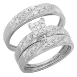 0.33 Carat (ctw) 10K White Gold Round Cut Diamond Men & Women's Cluster Engagement Ring Trio Bridal Set 1/3 CT