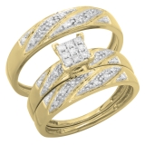0.33 Carat (ctw) 10K Yellow Gold Round Cut Diamond Men & Women's Cluster Engagement Ring Trio Bridal Set 1/3 CT