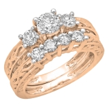 1.50 Carat (ctw) 10K Rose Gold Round Cut Diamond Ladies Vintage 3 Stone Bridal Engagement Ring With Matching 4 Stone Wedding Band Set 1 1/2 CT