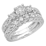 1.50 Carat (ctw) 10K White Gold Round Cut Diamond Ladies Vintage 3 Stone Bridal Engagement Ring With Matching 4 Stone Wedding Band Set 1 1/2 CT