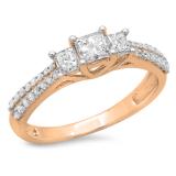 0.90 Carat (ctw) 14K Rose Gold Princess & Round Cut Diamond Ladies Bridal 3 Stone Engagement Ring