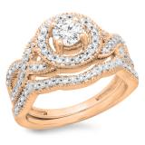 1.00 Carat (ctw) 18K Rose Gold Round Cut Diamond Ladies Swirl Bridal Halo Engagement Ring With Matching Band Set 1 CT