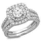 1.30 Carat (ctw) 10K White Gold Round Cut Diamond Ladies Bridal Split Shank Halo Engagement Ring With Matching Band Set