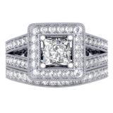 1.50 Carat (ctw) 18K White Gold Princess & Round Cut Diamond Ladies Split Shank Halo Bridal Engagement Ring With Matching Band Set 1 1/2 CT