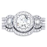 1.50 Carat (ctw) 14K White Gold Round Diamond Ladies 3 Stone Split Shank Halo Style Bridal Engagement Ring With Matching Band 1 1/2 CT