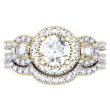 1.50 Carat (ctw) 14K Yellow Gold Round Diamond Ladies 3 Stone Split Shank Halo Style Bridal Engagement Ring With Matching Band 1 1/2 CT