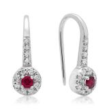 0.45 Carat (ctw) 10K White Gold Round Red Ruby & White Diamond Ladies Halo Style Dangling Drop Earrings 1/2 CT