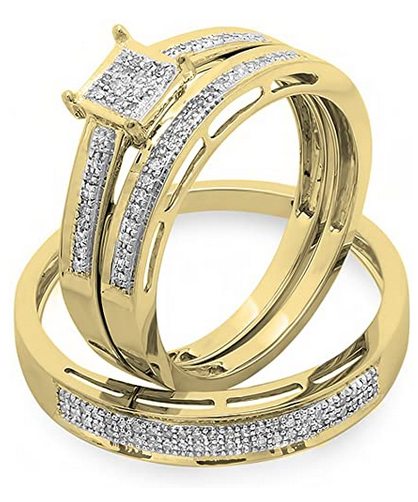 0.18 Carat (ctw) 10K Gold Round Diamond Ladies & Mens Engagement Ring Trio Set Band