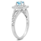 0.80 Carat (ctw) 18K White Gold Round Blue Topaz & White Diamond Ladies Split Shank Engagement Halo Bridal Ring 3/4 CT