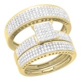 1.10 Carat (ctw) 18K Yellow Gold Round White Diamond Ladies & Mens His Hers Bridal Micropave Engagement Ring Trio Set Band 1 CT