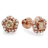 0.45 Carat (ctw) 14K Rose Gold Real Round Cut Champagne & White Diamond Ladies Cluster Halo Style Stud Earrings 1/2 CT