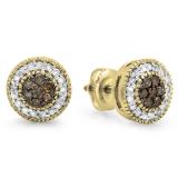 0.55 Carat (ctw) 10K Yellow Gold Round Cut White & Champagne Diamond Ladies Cluster Stud Earrings 1/2 CT