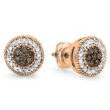 0.55 Carat (ctw) 14K Rose Gold Round Cut White & Champagne Diamond Ladies Cluster Stud Earrings 1/2 CT