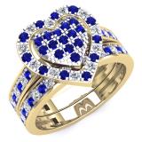 1.10 Carat (Ctw) 10K Yellow Gold Round Cut Blue Sapphire & White Diamond Ladies Heart Shaped Bridal Engagement Ring With Matching Band Set 1 CT