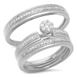 0.40 Carat (ctw) 14K White Gold Round White Diamond Men & Women's Cluster Engagement Ring Trio Bridal Set
