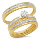 0.40 Carat (ctw) 18K Yellow Gold Round White Diamond Men & Women's Cluster Engagement Ring Trio Bridal Set