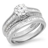 1.25 Carat (ctw) 14K White Gold Round & Baguette Cut Diamond Ladies Vintage Bridal Engagement Ring Set 1 1/4 CT