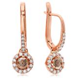 0.43 Carat (ctw) 10K Rose Gold Round Champagne & White Diamond Ladies Halo Style Dangling Drop Earrings