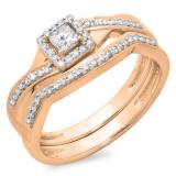 0.40 Carat (ctw) 14K Rose Gold Princess & Round White Diamond Ladies Bridal Halo Split Shank Engagement Ring Set