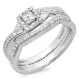 0.40 Carat (ctw) 14K White Gold Princess & Round White Diamond Ladies Bridal Halo Split Shank Engagement Ring Set