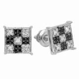 0.15 Carat (ctw) Sterling Silver Round Cut Black & White Diamond Square Shaped Micro Pave Stud Earrings