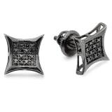 0.07 Carat (ctw) Black Rhodium Plated Sterling Silver Real Black Diamond Men's Kite Shape Hip Hop Iced Stud Earrings