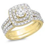 1.50 Carat (ctw) 18K Yellow Gold Round White Diamond Ladies Halo Style Bridal Engagement Ring Matching Band Set 1 1/2 CT