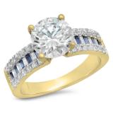 5.80 Carat (ctw) 10K Yellow Gold Round & baguette Blue Sapphire & White Cubic Zirconia CZ Classic Solitaire with Accents Bridal Engagement Ring