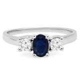 1.10 Carat (ctw) 14K White Gold Oval Cut Blue Sapphire & Round Cut White Diamond Ladies Bridal 3 Stone Engagement Ring 1 CT