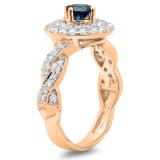 1.15 Carat (ctw) 14K Rose Gold Round Cut Blue & White Diamond Ladies Swirl Bridal Halo Engagement Ring
