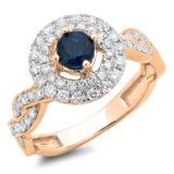 1.15 Carat (ctw) 18K Rose Gold Round Cut Blue & White Diamond Ladies Swirl Bridal Halo Engagement Ring