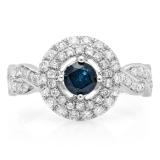 1.15 Carat (ctw) 18K White Gold Round Cut Blue & White Diamond Ladies Swirl Bridal Halo Engagement Ring