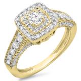 0.90 Carat (ctw) 14K Yellow Gold Round Cut White Diamond Ladies Bridal Vintage Halo Style Engagement Ring