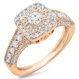 0.90 Carat (ctw) 18K Rose Gold Round Cut White Diamond Ladies Bridal Vintage Halo Style Engagement Ring