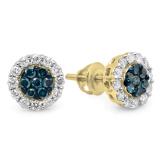 0.60 Carat (ctw) 10K Yellow Gold Round Blue & White Diamond Ladies Cluster Stud Earrings