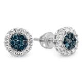 0.60 Carat (ctw) 18K White Gold Round Blue & White Diamond Ladies Cluster Stud Earrings