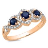 0.85 Carat (ctw) 14K Rose Gold Round Blue Sapphire & White Diamond Ladies Bridal Split Shank Vintage 3 Stone Engagement Ring