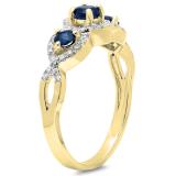 0.85 Carat (ctw) 14K Yellow Gold Round Blue Sapphire & White Diamond Ladies Bridal Split Shank Vintage 3 Stone Engagement Ring