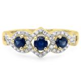 0.85 Carat (ctw) 14K Yellow Gold Round Blue Sapphire & White Diamond Ladies Bridal Split Shank Vintage 3 Stone Engagement Ring