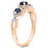 0.85 Carat (ctw) 18K Rose Gold Round Blue Sapphire & White Diamond Ladies Bridal Split Shank Vintage 3 Stone Engagement Ring