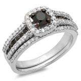 1.00 Carat (ctw) 10K White Gold Round Black And White Diamond Ladies Bridal Halo Style Engagement Ring With Wedding Band Set 1 CT