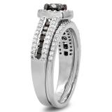 1.00 Carat (ctw) 10K White Gold Round Black And White Diamond Ladies Bridal Halo Style Engagement Ring With Wedding Band Set 1 CT
