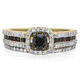 1.00 Carat (ctw) 10K Yellow Gold Round Black And White Diamond Ladies Bridal Halo Style Engagement Ring With Wedding Band Set 1 CT