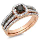 1.00 Carat (ctw) 14K Rose Gold Round Black And White Diamond Ladies Bridal Halo Style Engagement Ring With Wedding Band Set 1 CT